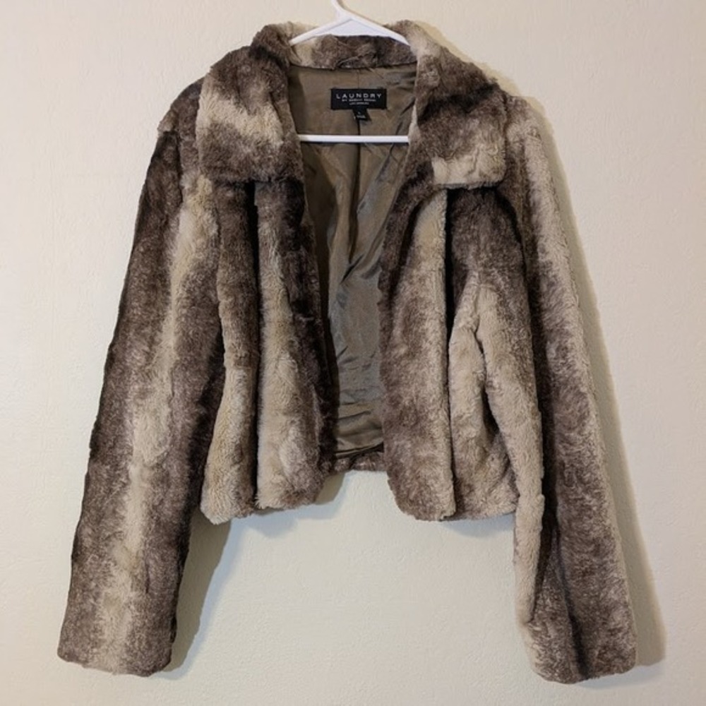 Laundry by Shelli Segal Faux Fur Coat Large Womens Jacket Brown Beige Striped